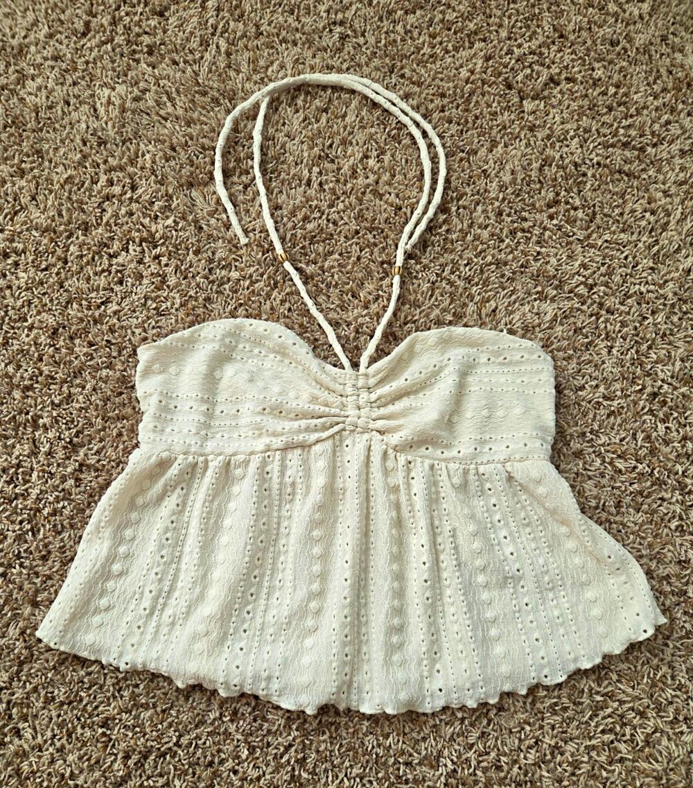 La Pêche White Eyelet Halter Crop Tank Ruffle Tie Neck Top Women's L Regular